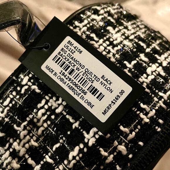 Badgley Mischka Backpack Tweed Quilted Studded Black White New With Tags - Picture 6 of 8